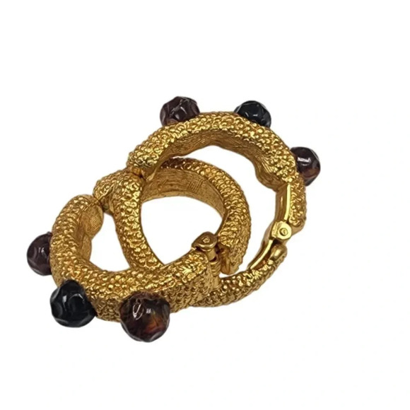 Vintage Jewelry - Vintage Textured Beaded Hoop Earrings Gold Tone